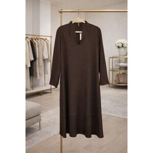 Ming Wang Brown Midi Dress NWT Stretch Knit V Neck Long Sleeve Large Lagenlook